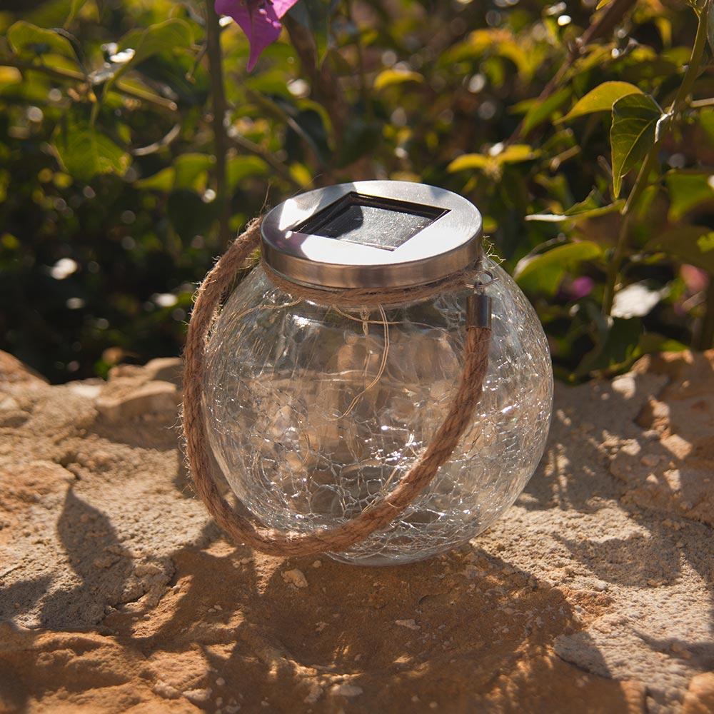 Set of 2 cracked glass solar balls to place with rope handle micro warm white LED CRACK BALL CORD H13cm - REDDECO.com