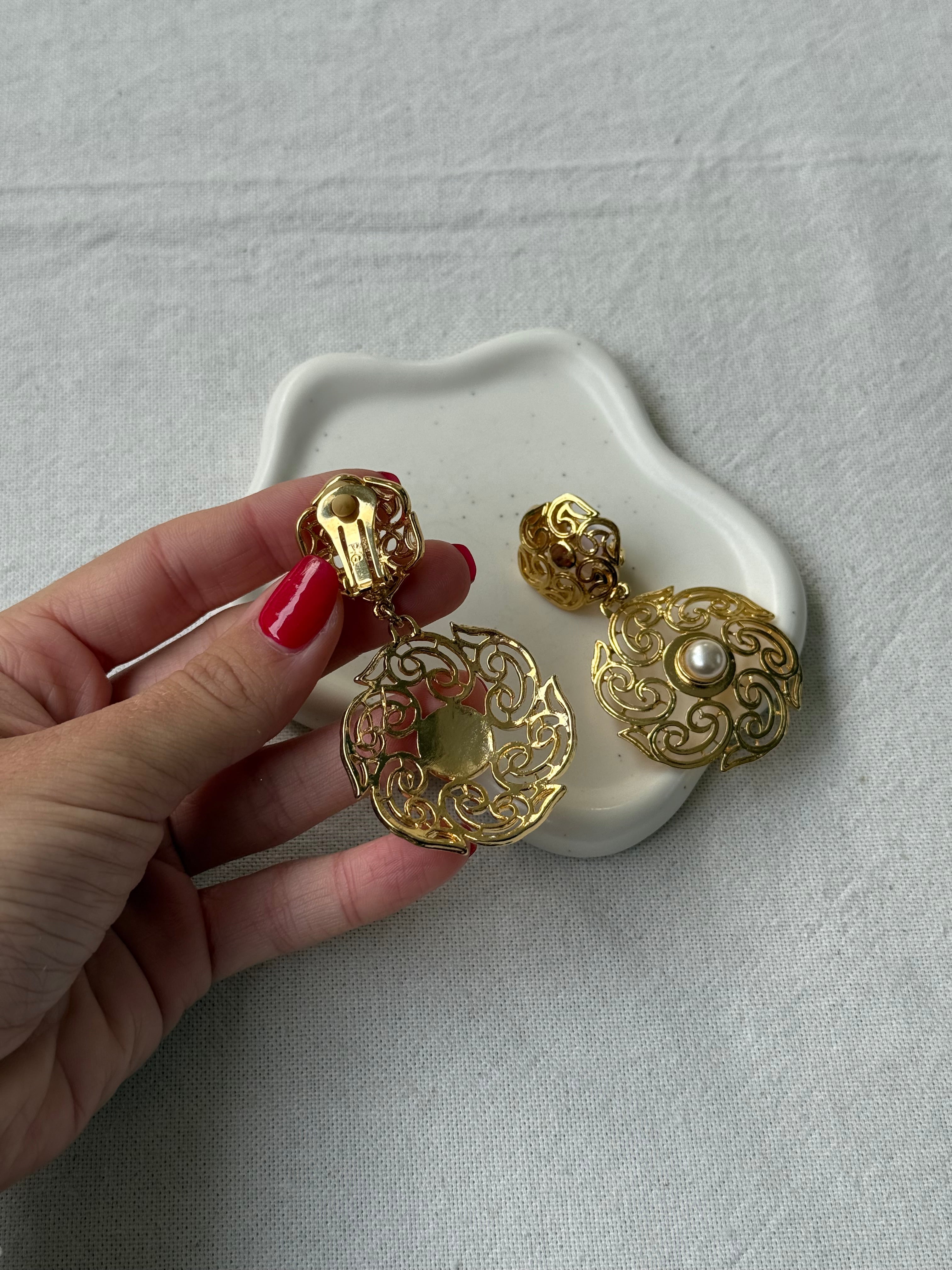 Vintage Earrings - Arabesque And Pearl Pendants
