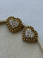 Vintage Earrings - Gold-Tone Hearts Adorned With Rhinestones