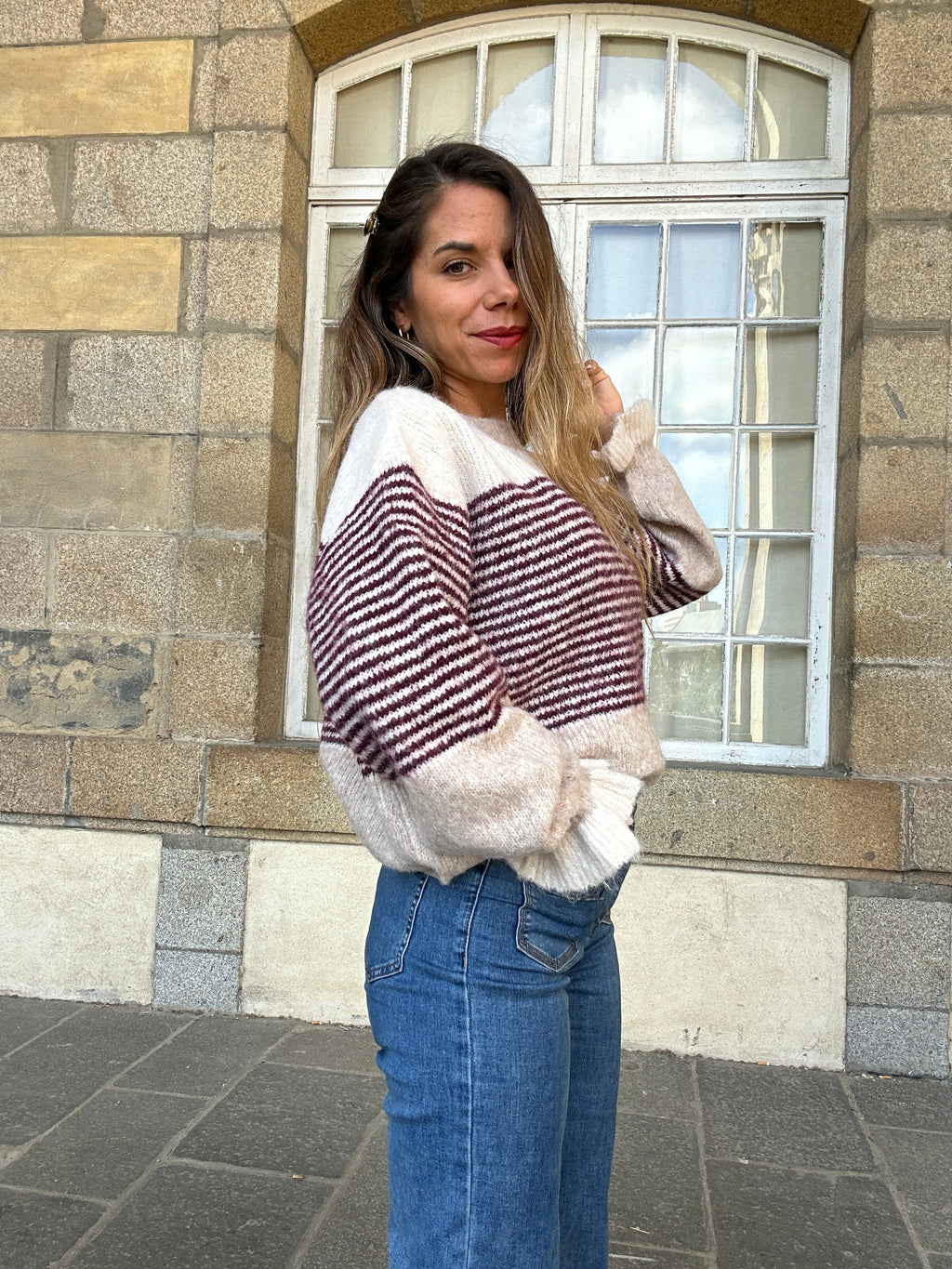 Pull Soline Taupe Rayé Bordeaux