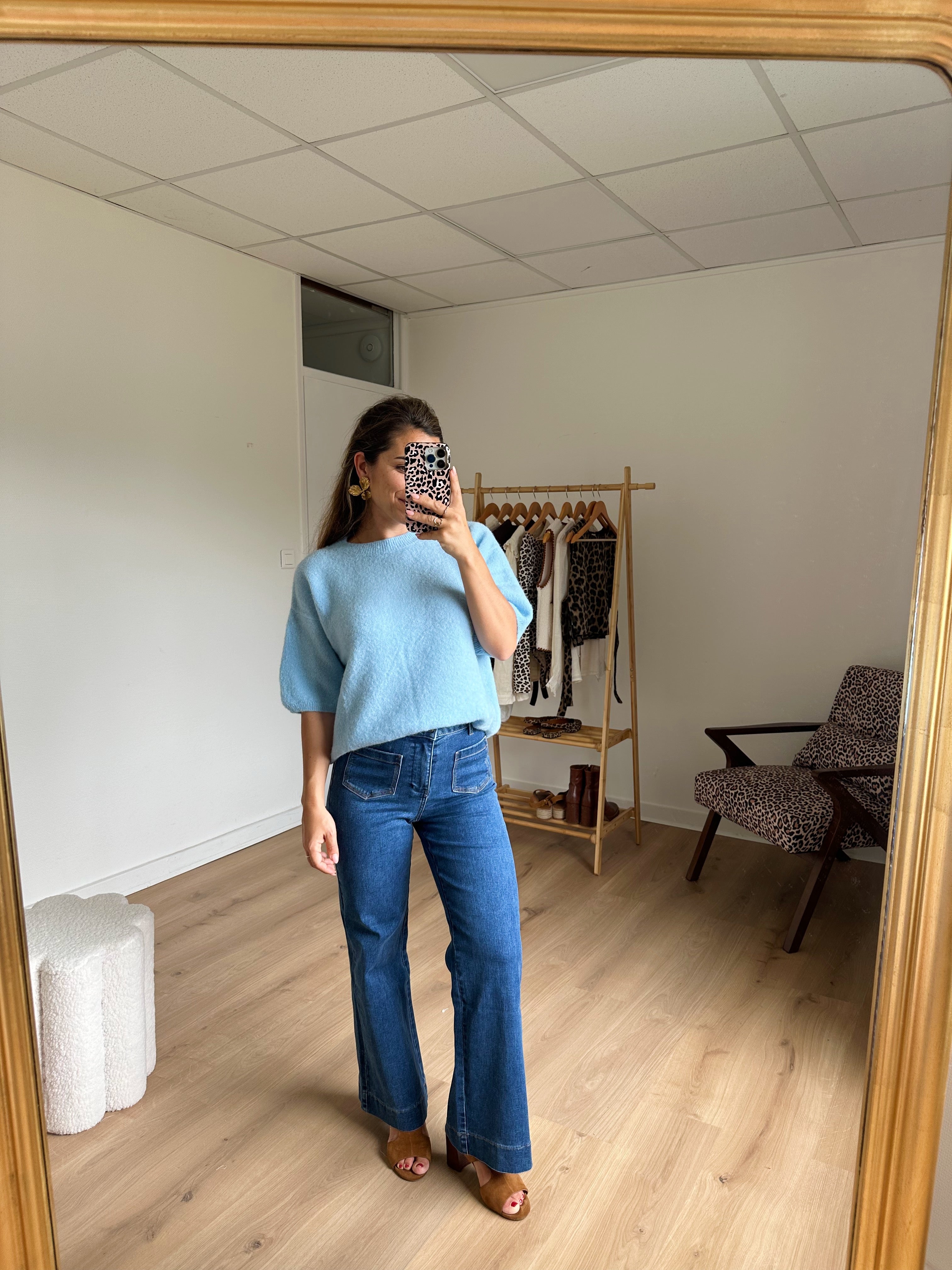 Short Sleeve Wool Knit Brown Sky Blue