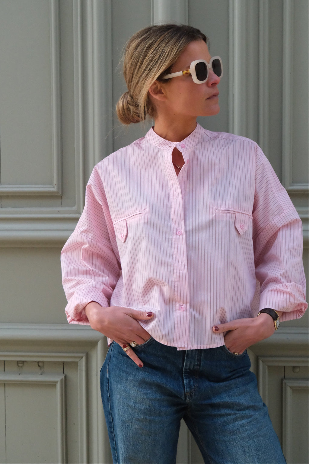 Astrid blouse with mandarin collar pink stripe