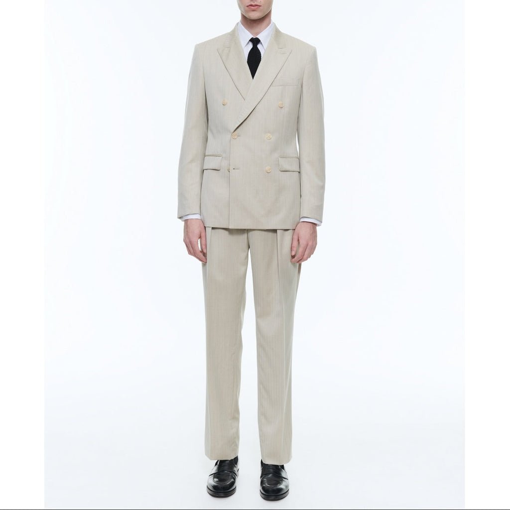 Costume Croisé En Laine À Chevrons - Beige - Motif Chevrons