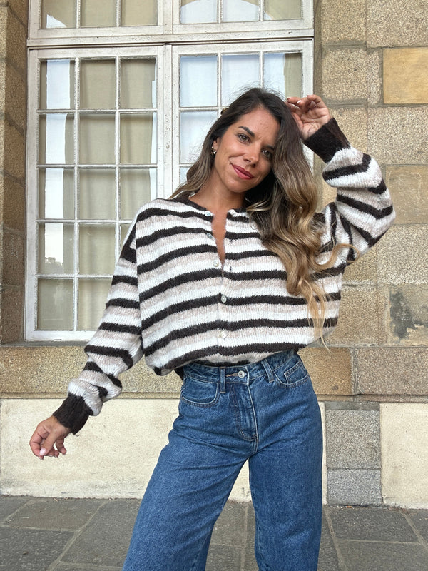 Cárdigan Daniella de rayas marrón, beige y blanco