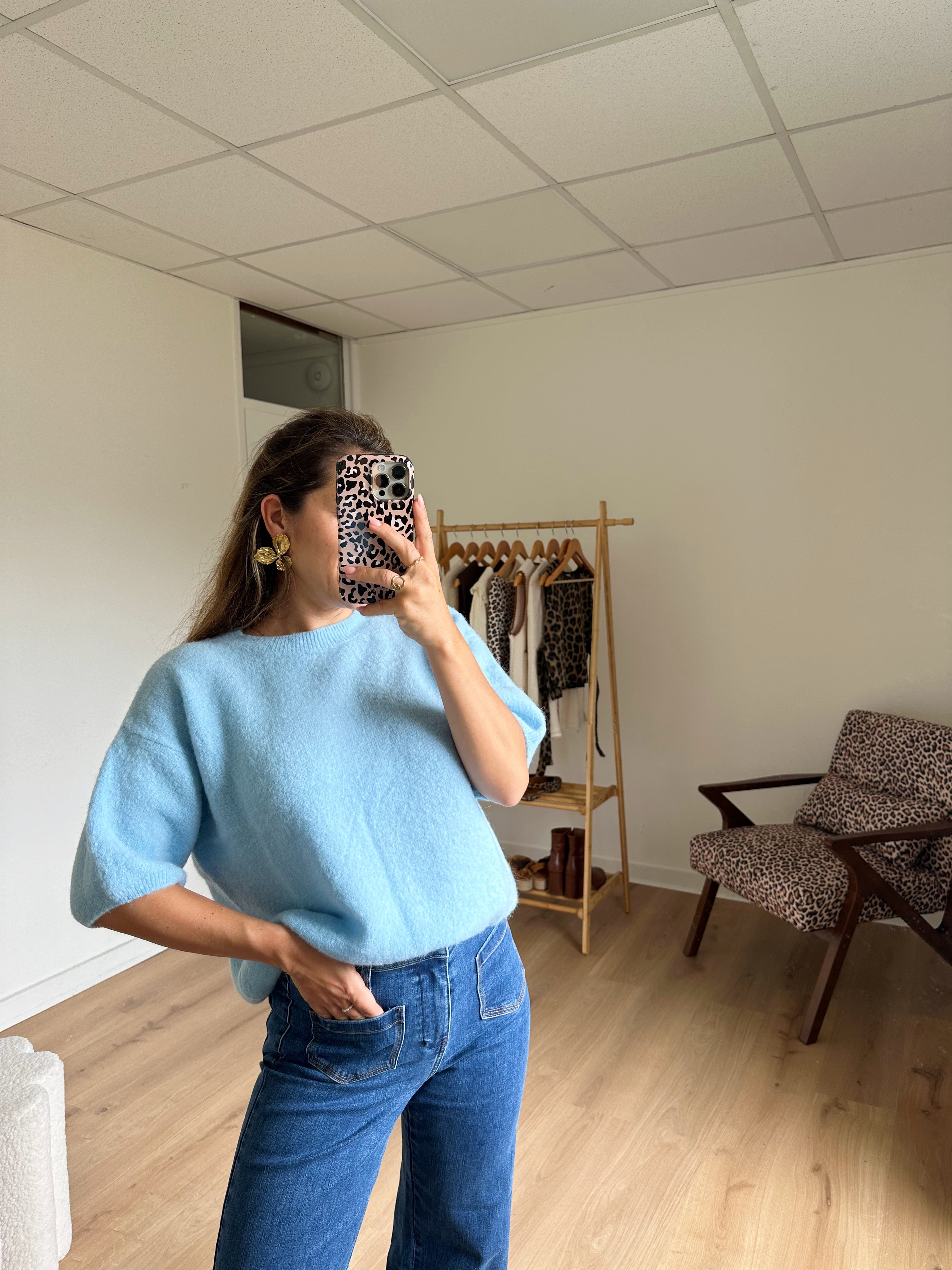 Short Sleeve Wool Knit Brown Sky Blue