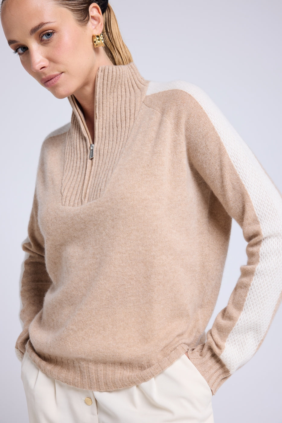 Troyer-Pullover mit Reißverschluss Caroline - Creme-Beige-Weiß - Damen
