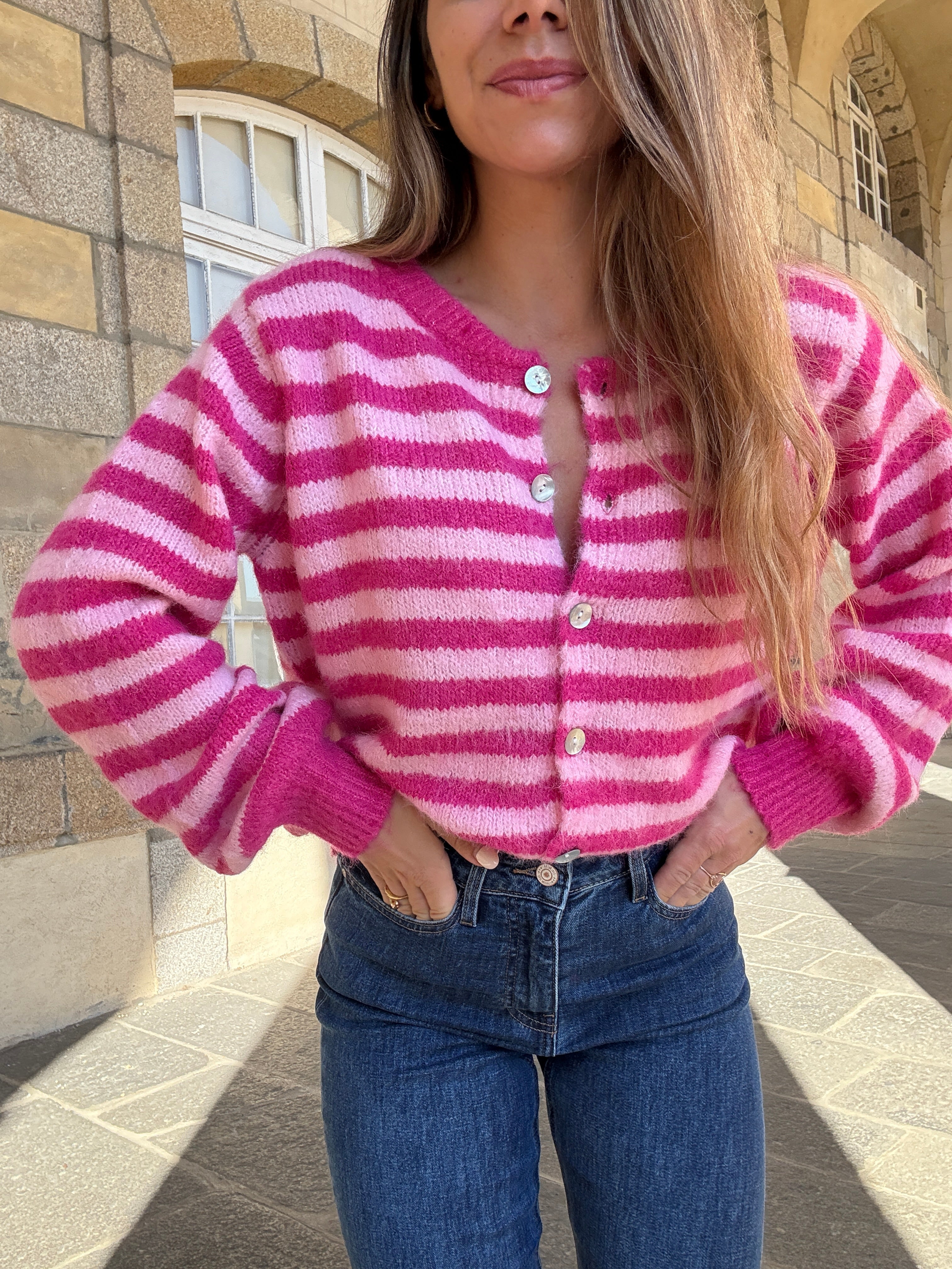 Cardigan Solela Rayé Rose Et Rouge