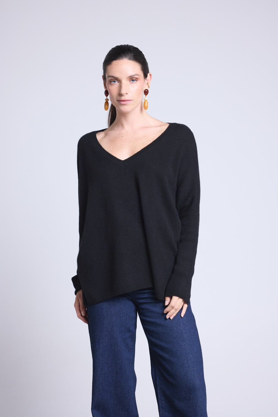 Pull Col V Poncho Celeste - Noir - Femme