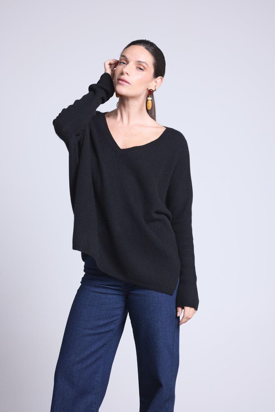 Jersey Cuello V Poncho Celeste - Negro - Mujer