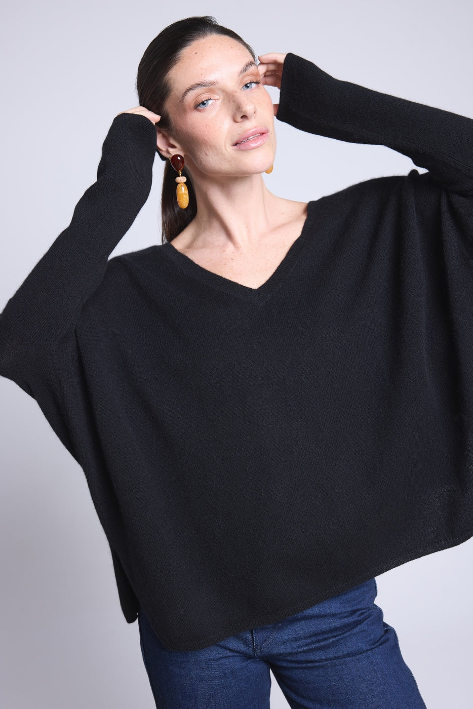 Jersey Cuello V Poncho Celeste - Negro - Mujer