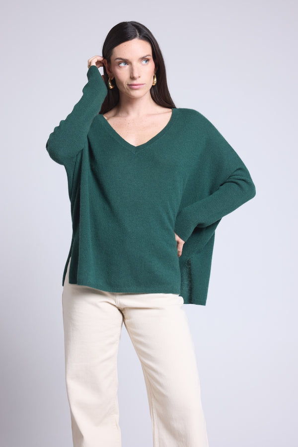 Pull Col V Poncho Celeste - Vert Bouteille - Femme - 100% Cachemire