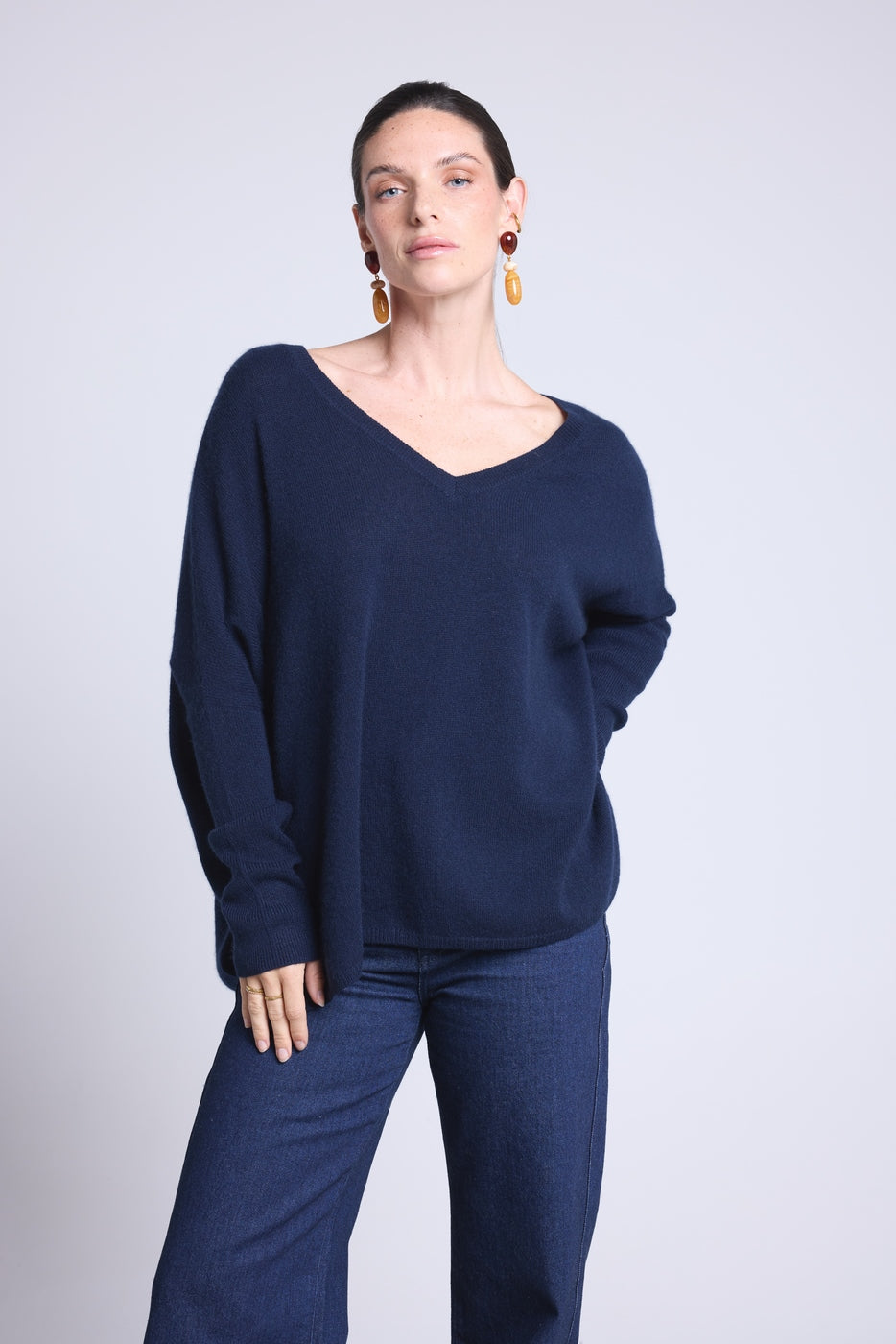 Jersey Cuello en V Poncho Celeste - Azul Marino - Mujer