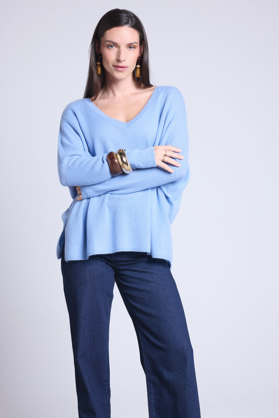 Jersey poncho de cuello en V Celeste - Azul cielo - Mujer