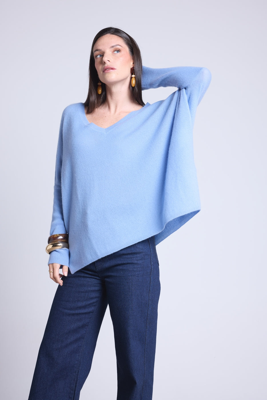 Jersey poncho de cuello en V Celeste - Azul cielo - Mujer