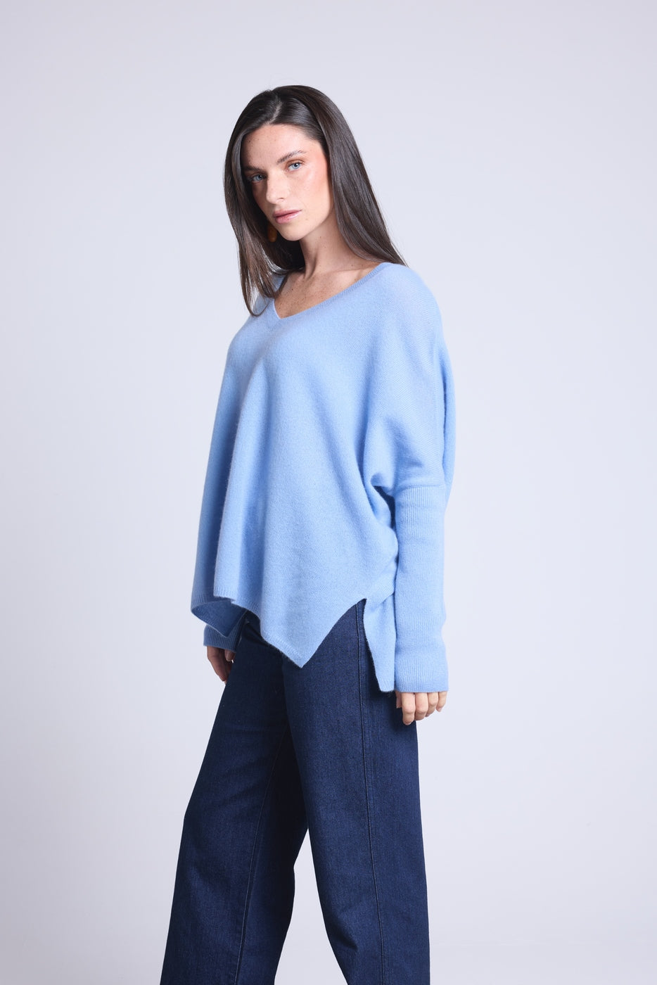 Jersey poncho de cuello en V Celeste - Azul cielo - Mujer