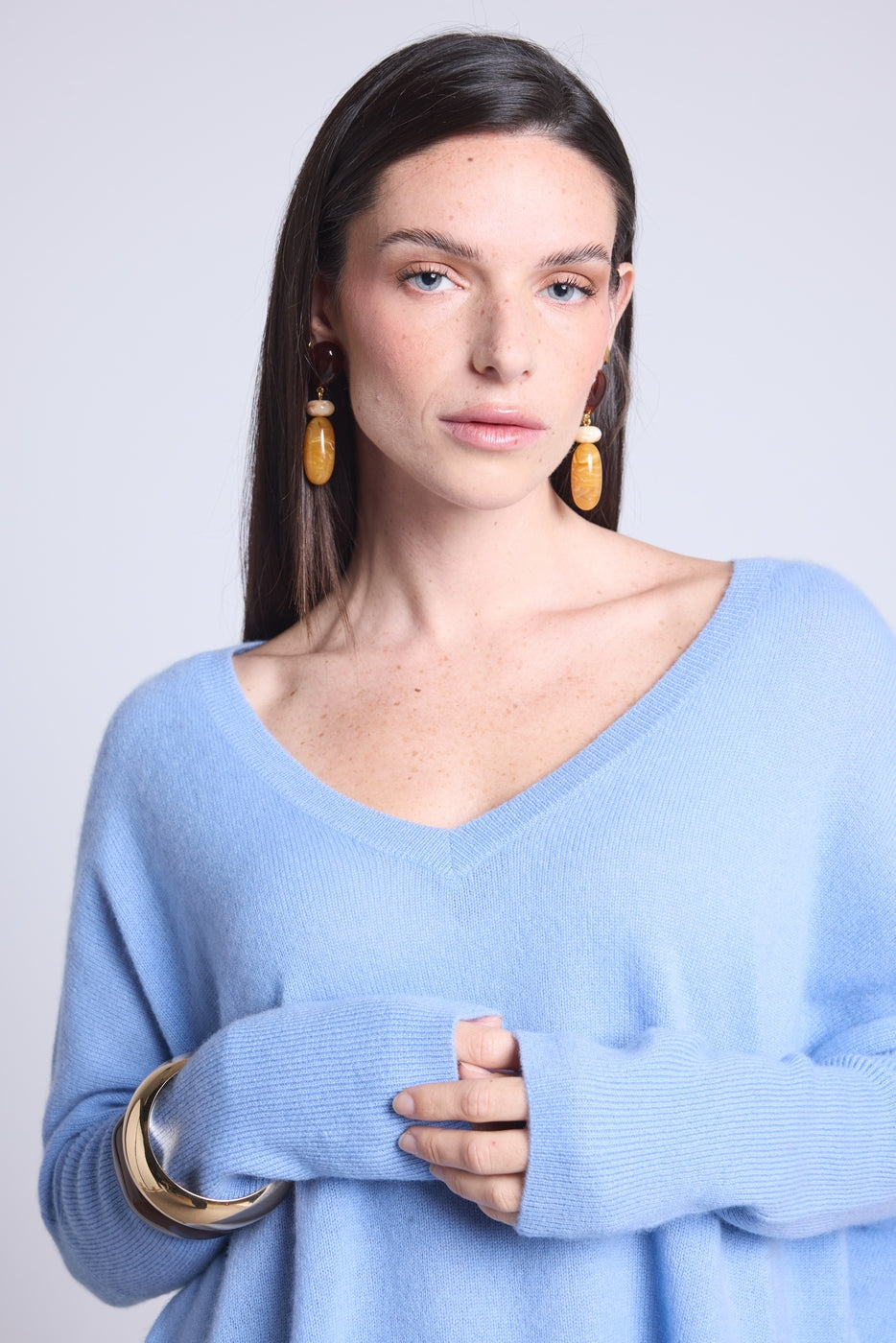 Jersey poncho de cuello en V Celeste - Azul cielo - Mujer