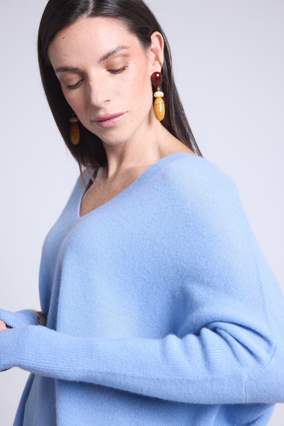 Jersey poncho de cuello en V Celeste - Azul cielo - Mujer