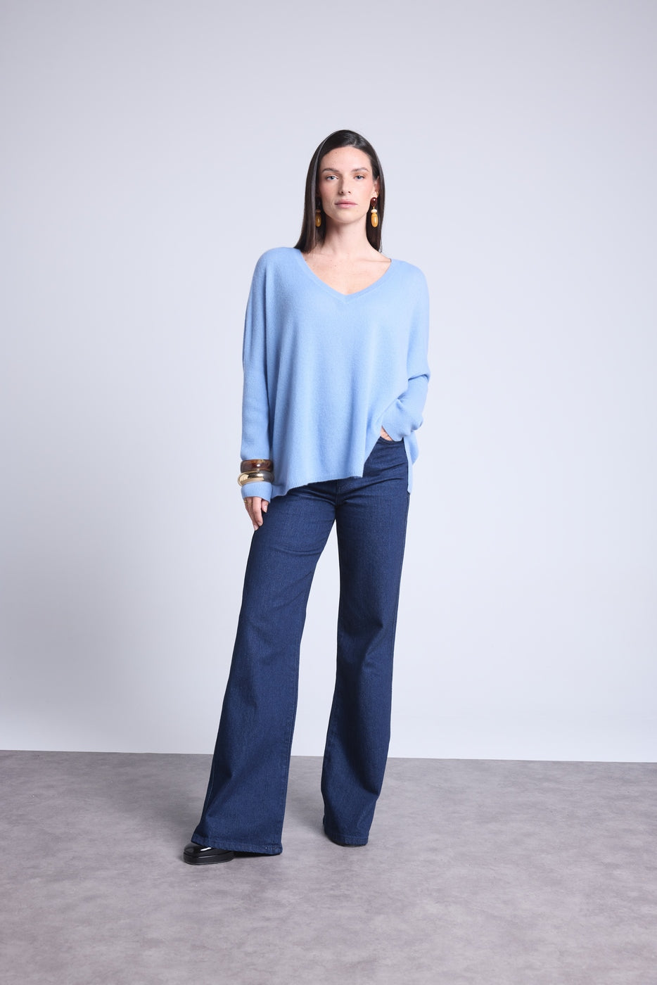 Jersey poncho de cuello en V Celeste - Azul cielo - Mujer