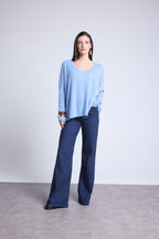 Jersey poncho de cuello en V Celeste - Azul cielo - Mujer