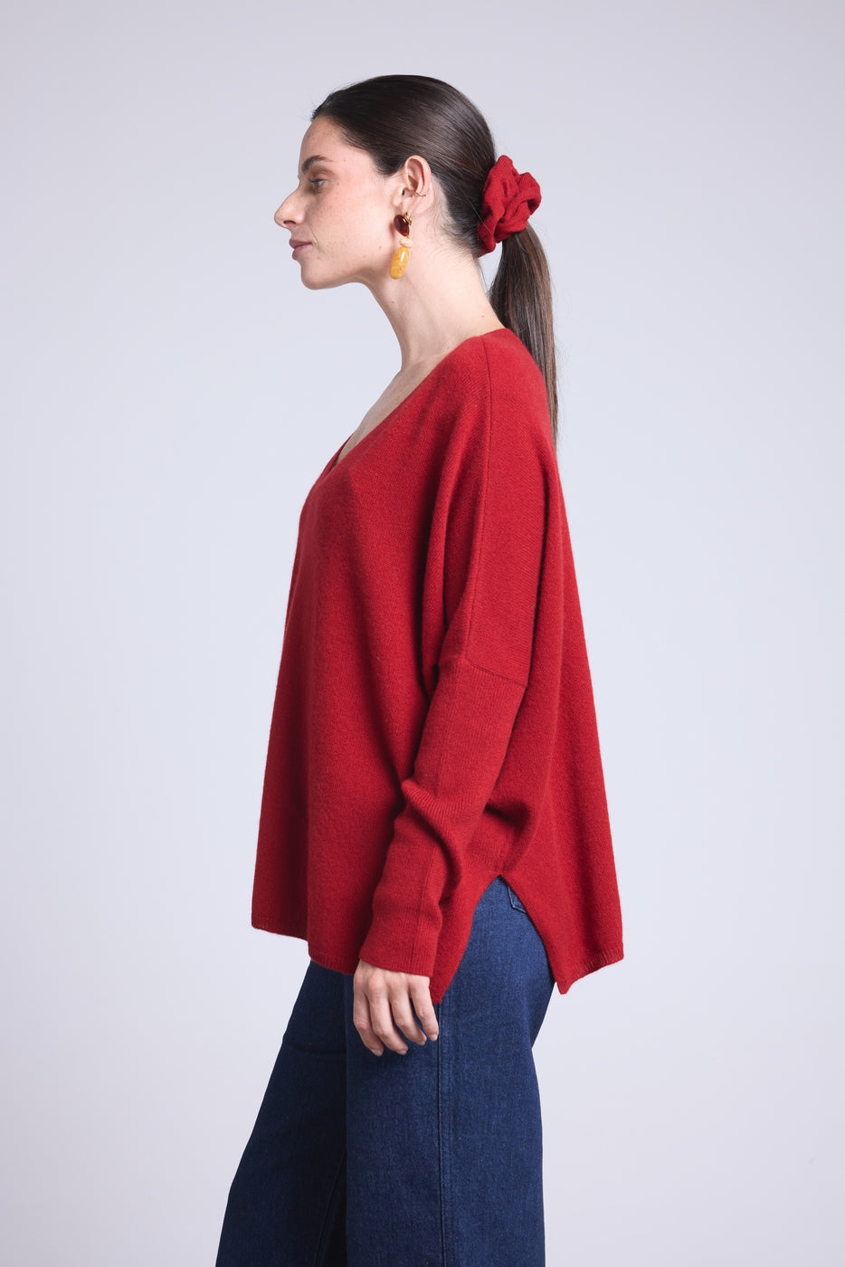 Jersey Cuello en V Poncho Celeste - Rojo Burdeos - Mujer