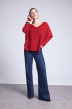 Jersey Cuello en V Poncho Celeste - Rojo Burdeos - Mujer