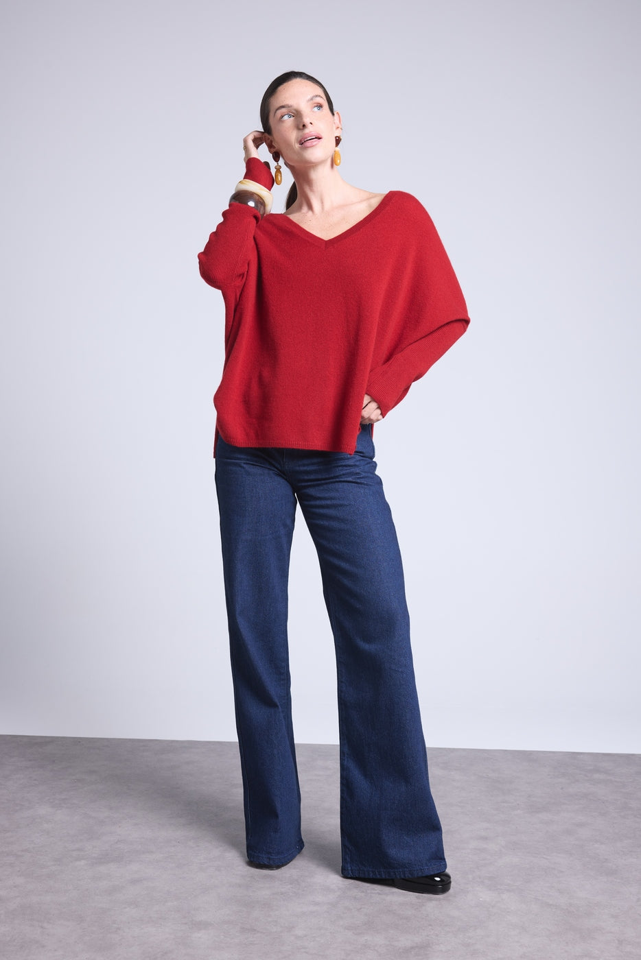 Jersey Cuello en V Poncho Celeste - Rojo Burdeos - Mujer