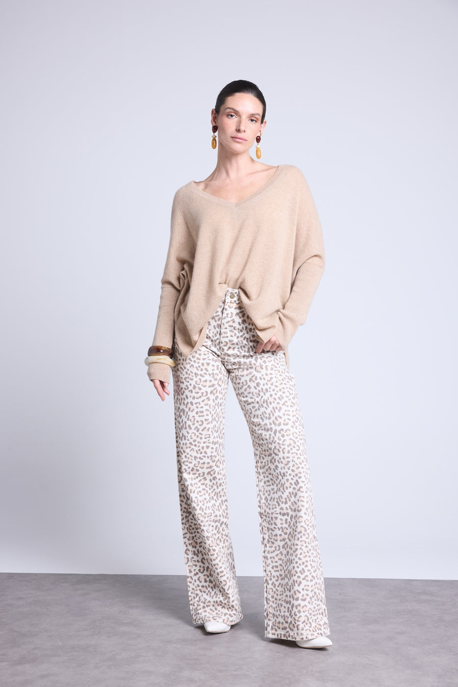 Jersey poncho de cuello en V Celeste - Beige crema - Mujer