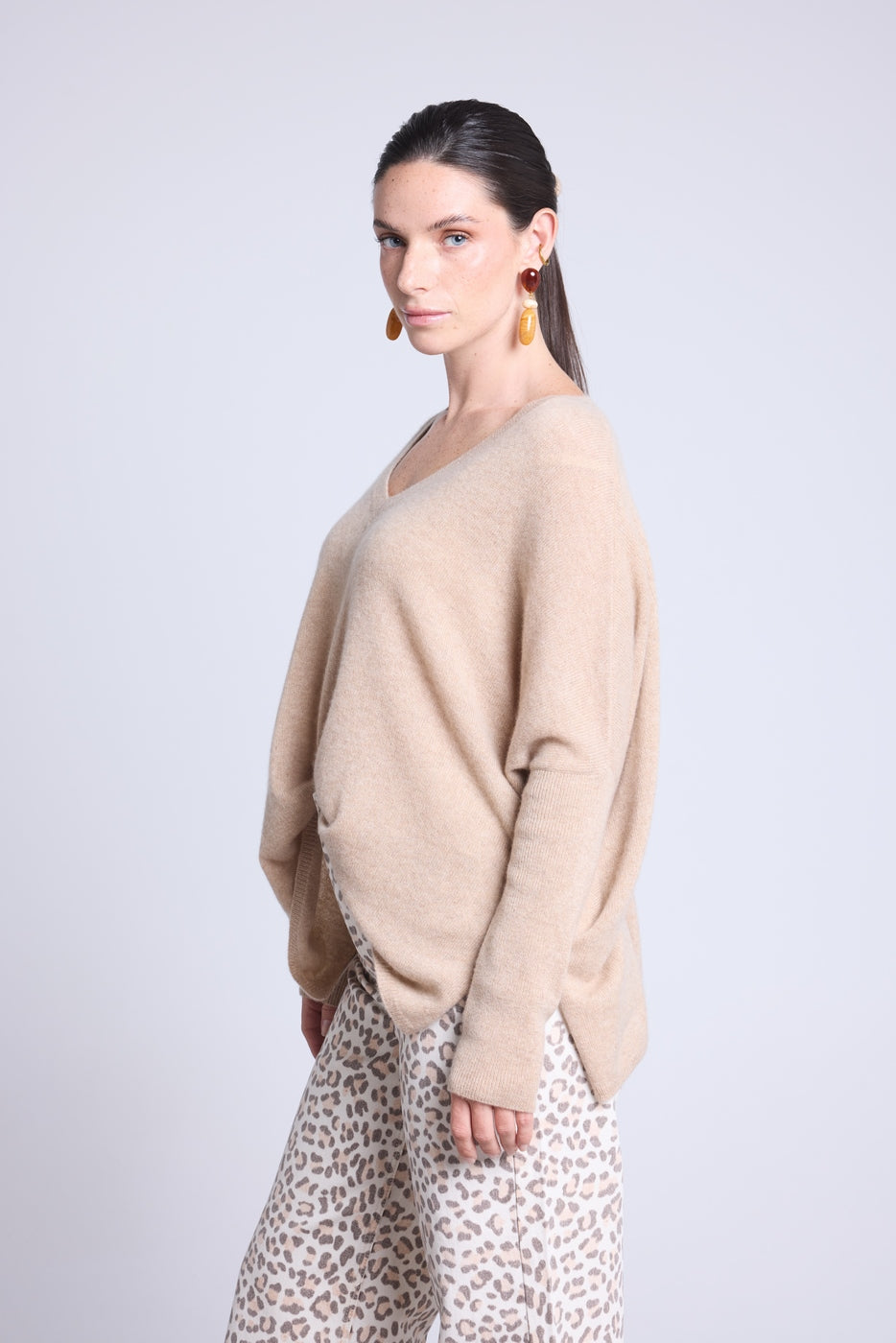 Jersey poncho de cuello en V Celeste - Beige crema - Mujer