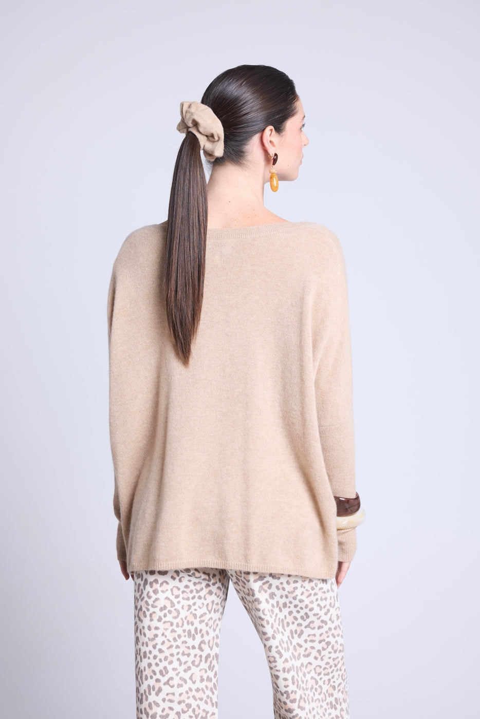 Jersey poncho de cuello en V Celeste - Beige crema - Mujer
