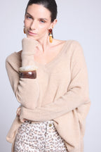 Jersey poncho de cuello en V Celeste - Beige crema - Mujer