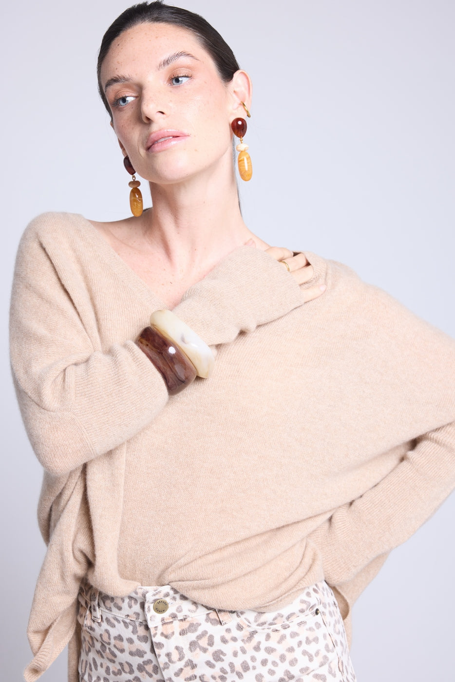 Jersey poncho de cuello en V Celeste - Beige crema - Mujer