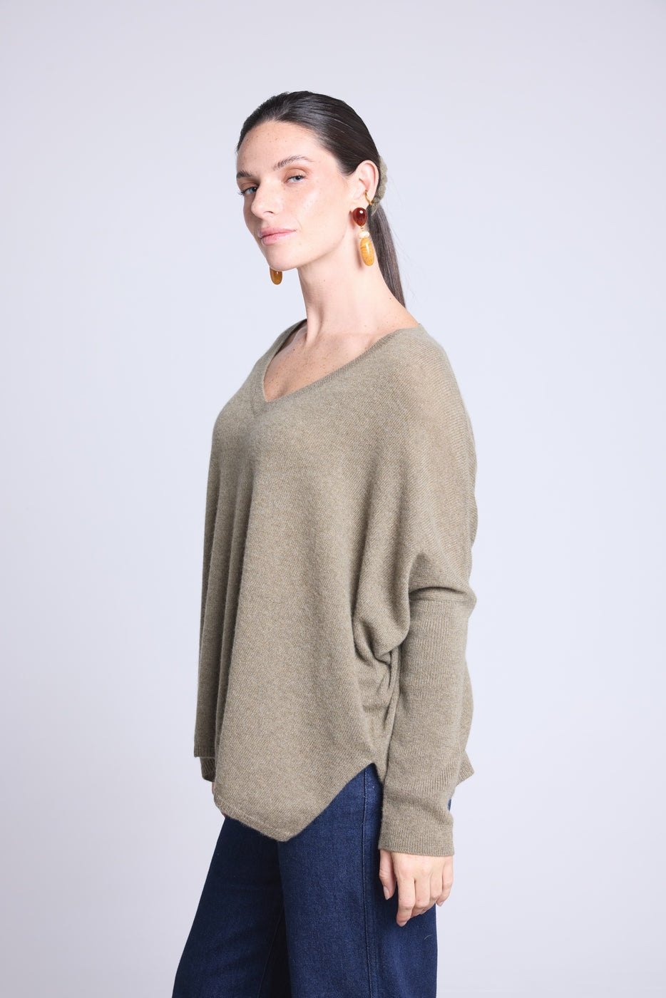 Jersey poncho de cuello en V Celeste - Verde caqui - Mujer