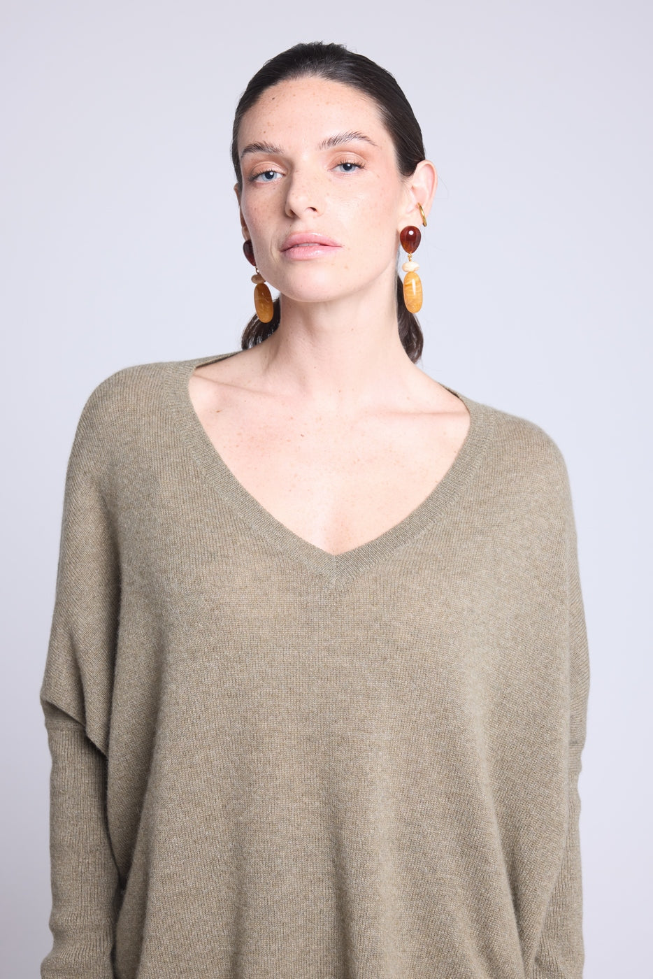 Jersey poncho de cuello en V Celeste - Verde caqui - Mujer