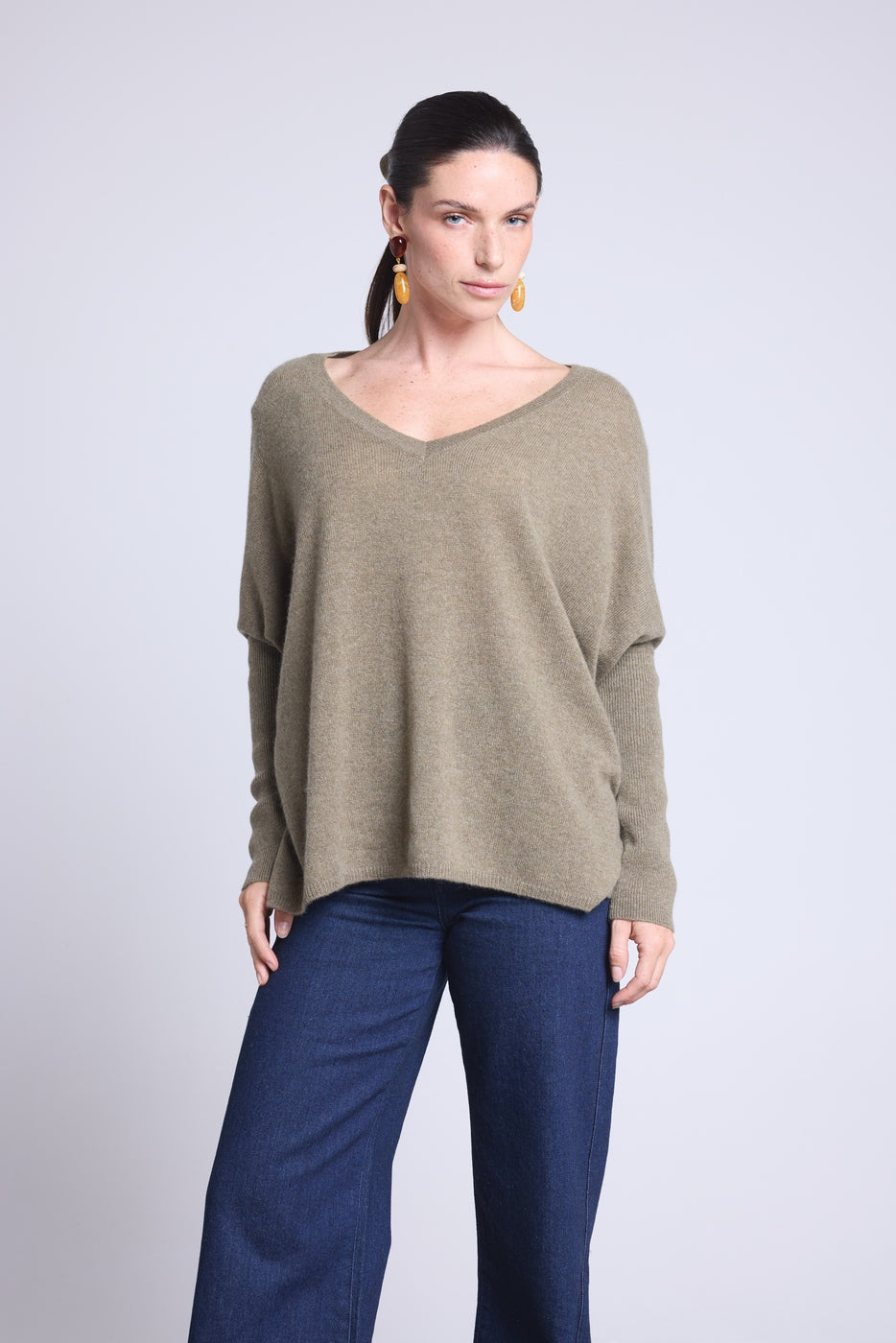 Jersey poncho de cuello en V Celeste - Verde caqui - Mujer