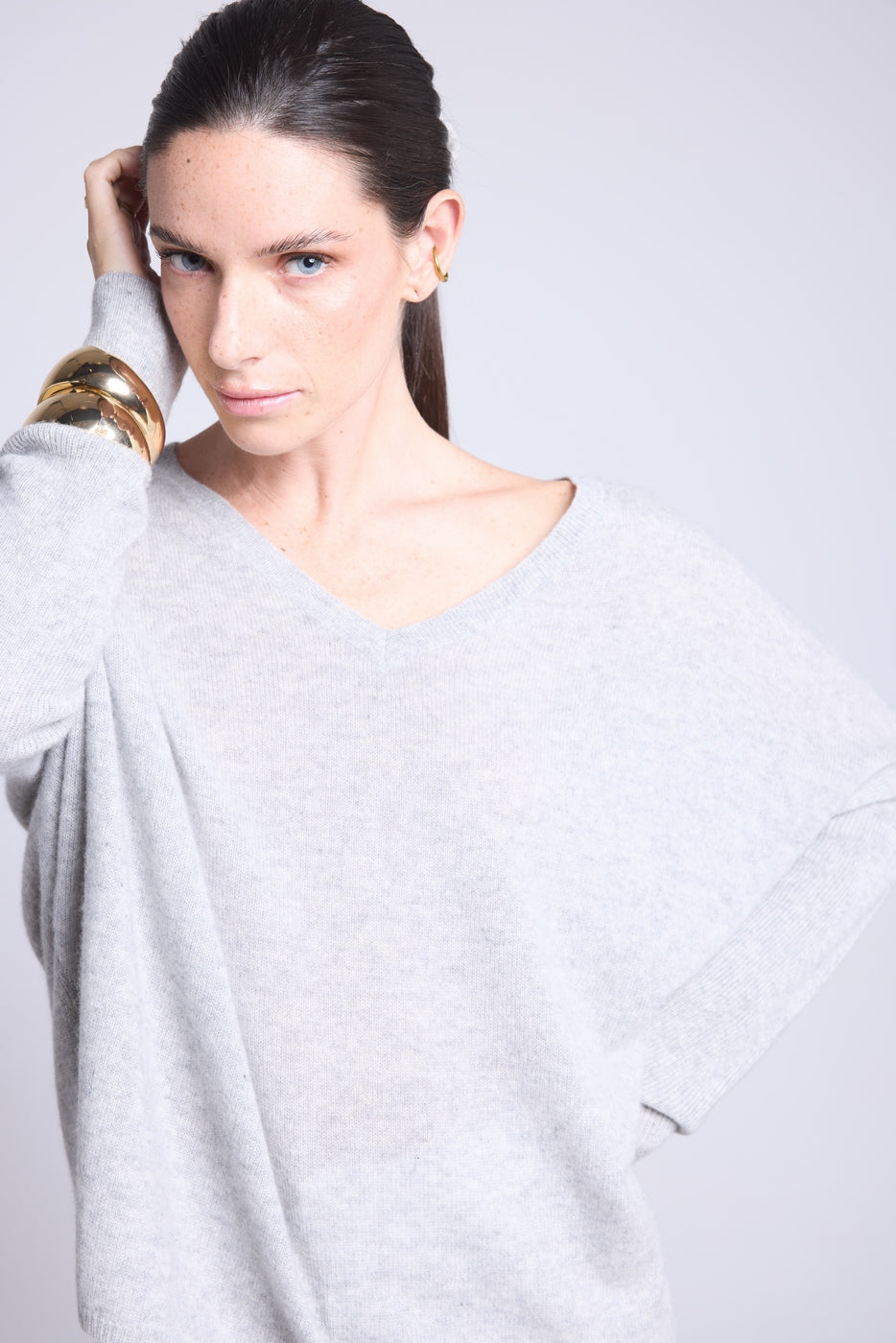 Jersey Cuello en V Poncho Celeste - Gris Claro - Mujer