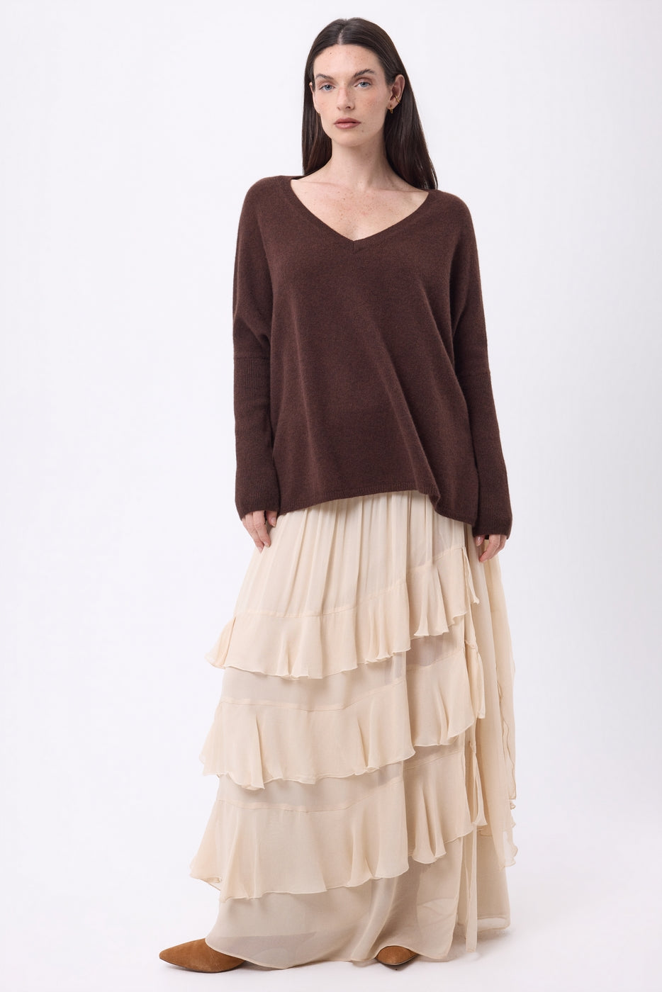 Pull Col V Poncho Celeste - Marron Chocolat - Femme
