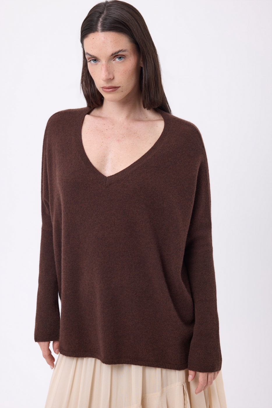 Pull Col V Poncho Celeste - Marron Chocolat - Femme