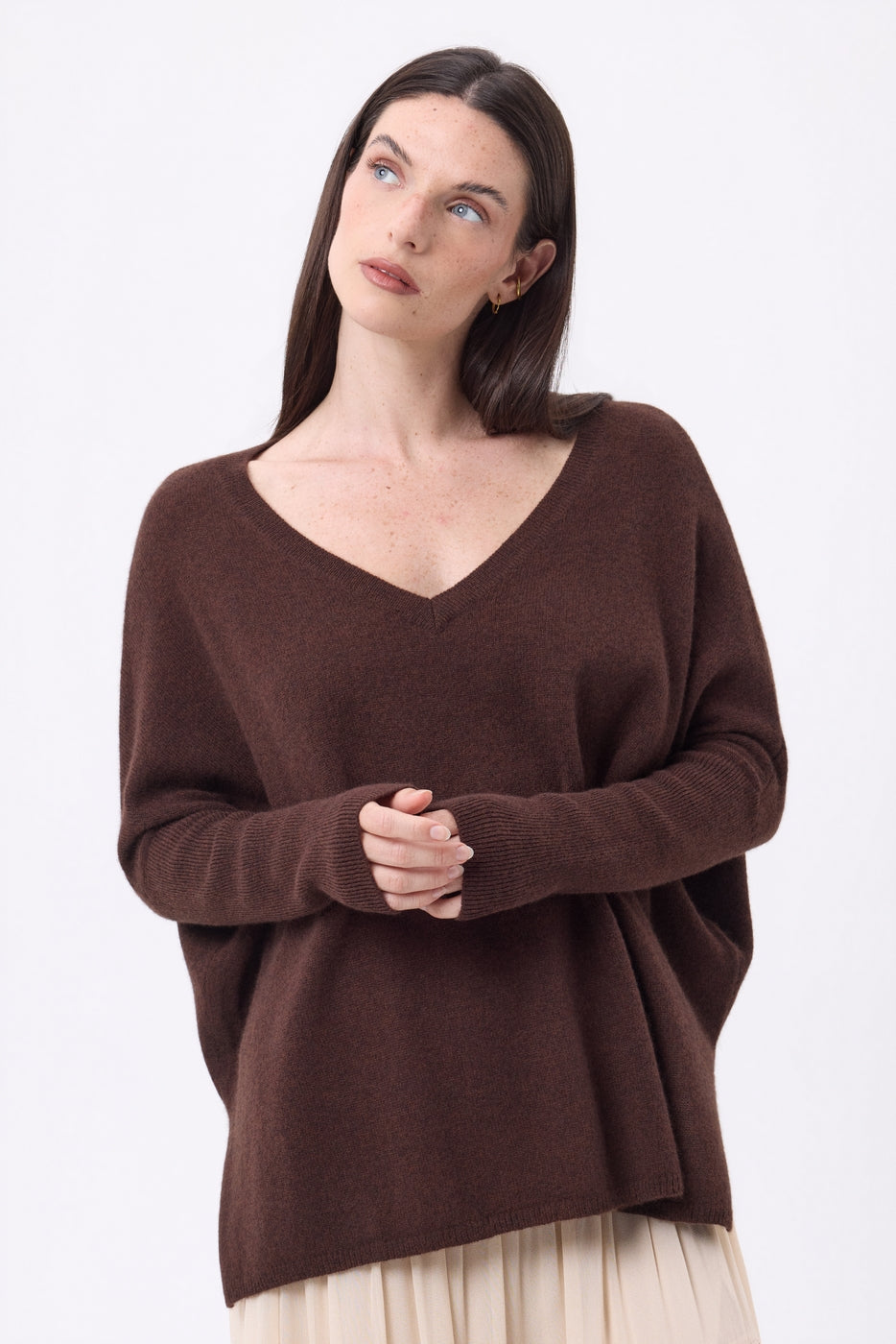Pull Col V Poncho Celeste - Marron Chocolat - Femme