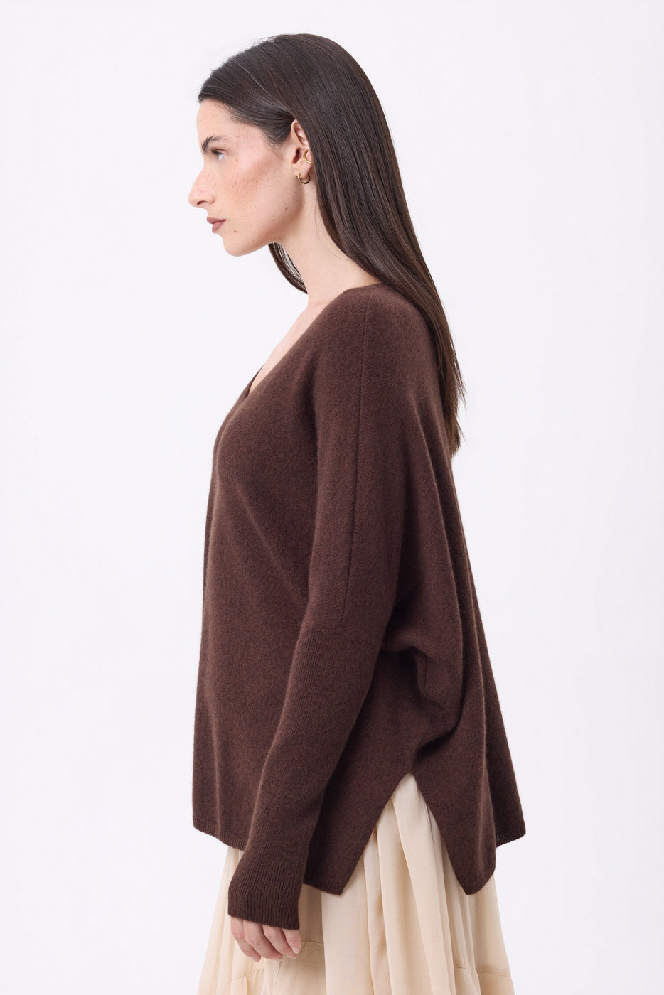 Pull Col V Poncho Celeste - Marron Chocolat - Femme