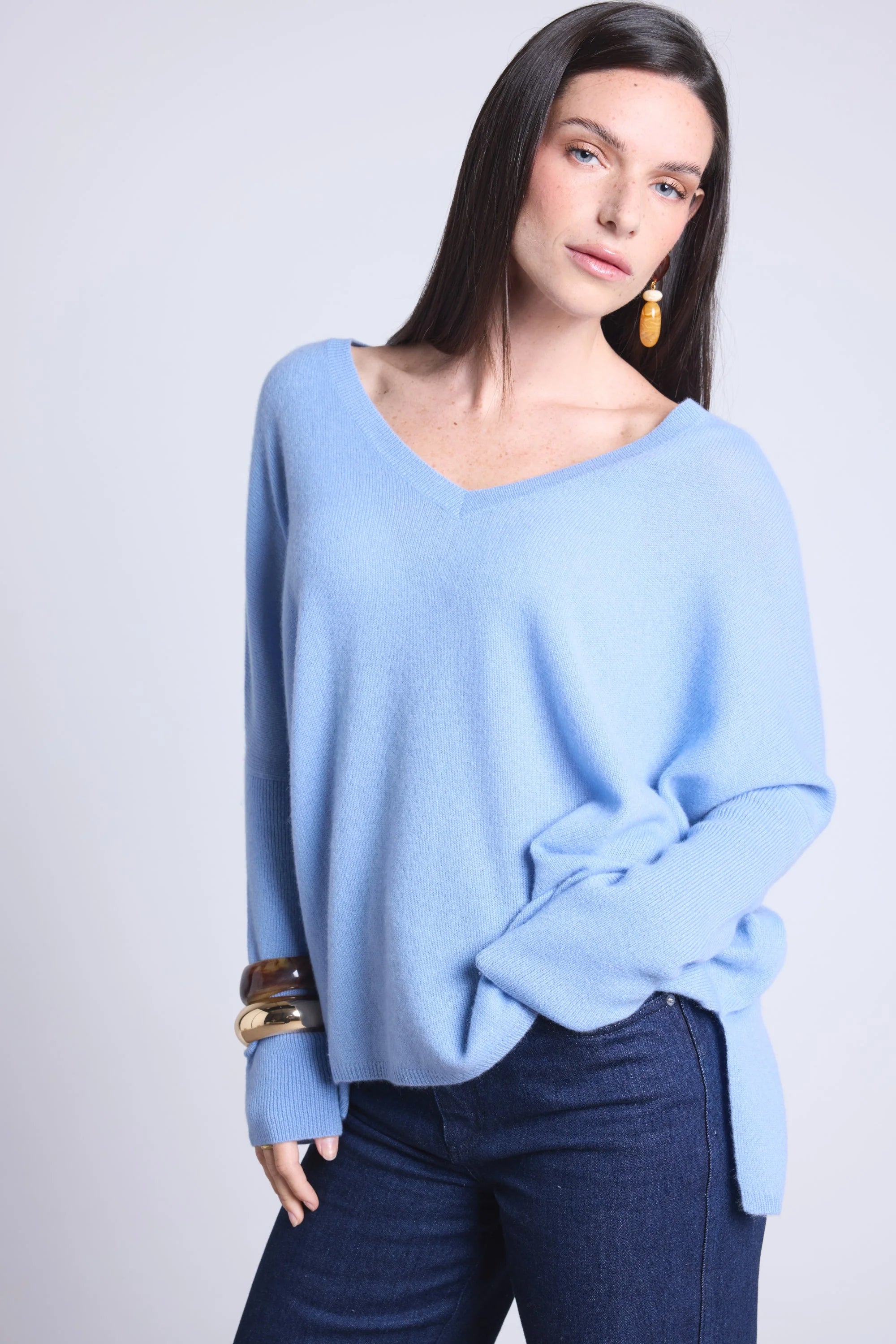 Jersey poncho de cuello en V Celeste - Azul cielo - Mujer