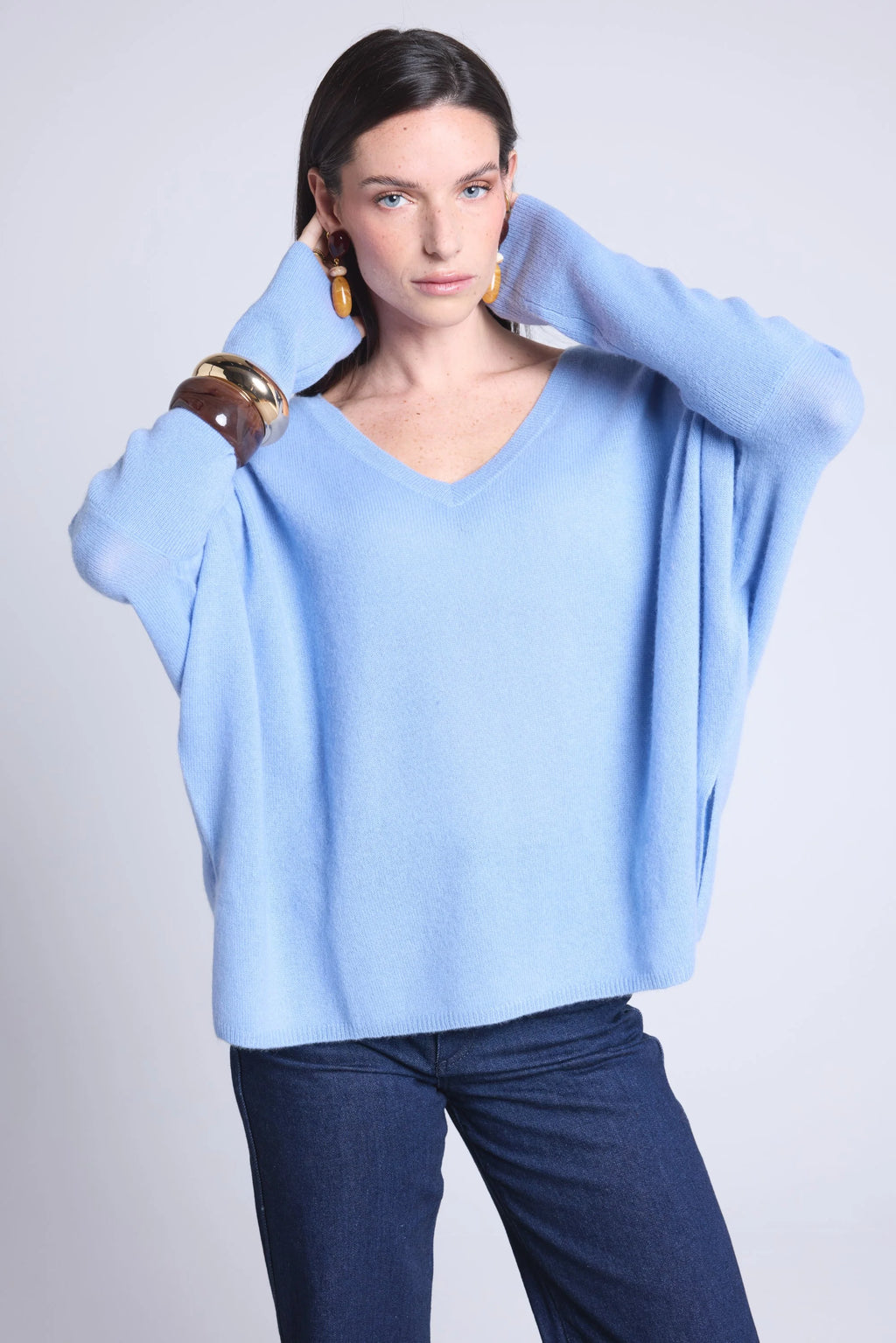 Jersey poncho de cuello en V Celeste - Azul cielo - Mujer