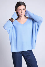 Jersey poncho de cuello en V Celeste - Azul cielo - Mujer