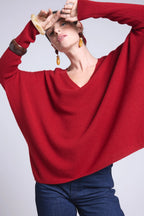 Jersey Cuello en V Poncho Celeste - Rojo Burdeos - Mujer