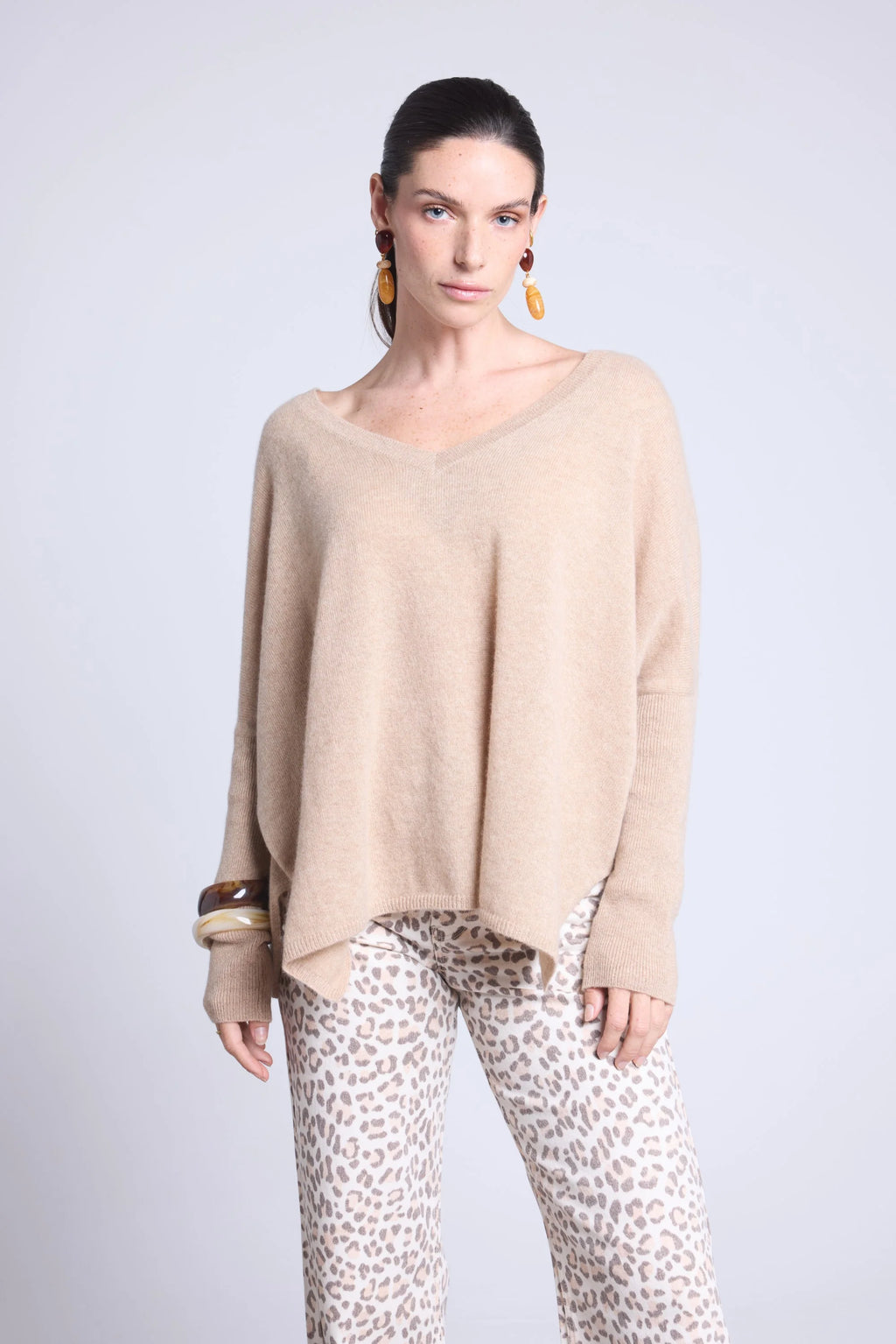 Jersey poncho de cuello en V Celeste - Beige crema - Mujer