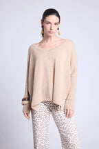 Jersey poncho de cuello en V Celeste - Beige crema - Mujer