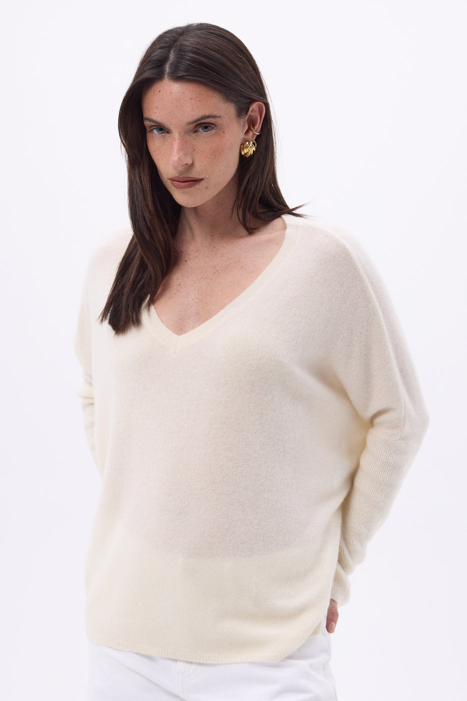 Pull Col V Poncho Celeste - Blanc - Femme