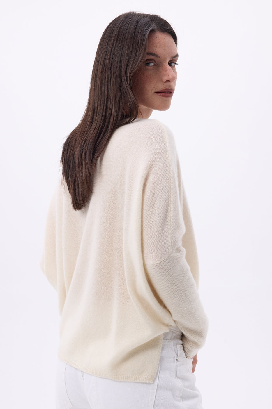 Pull Col V Poncho Celeste - Blanc - Femme