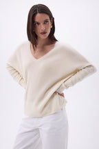 Pull Col V Poncho Celeste - Blanc - Femme
