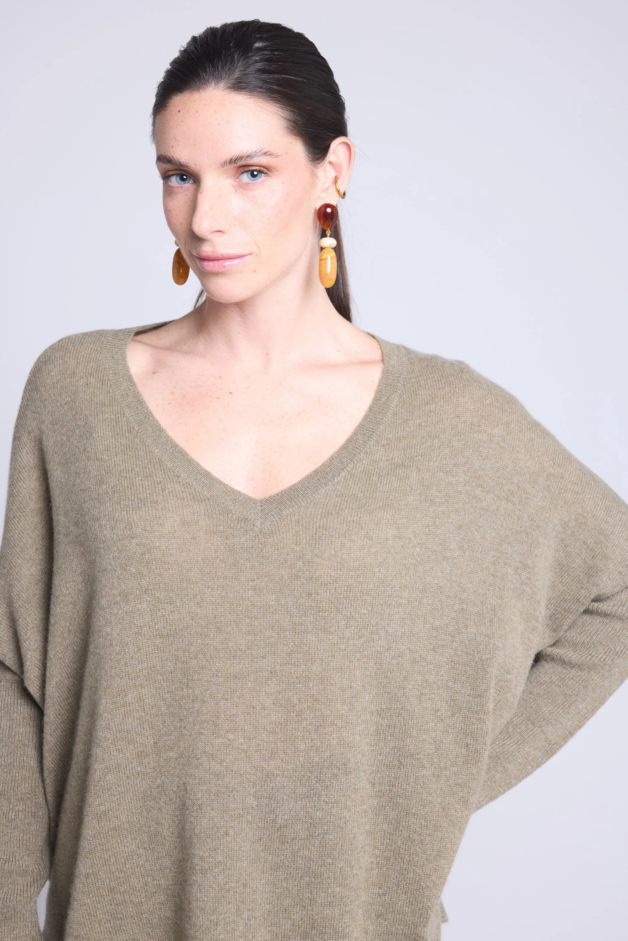 Jersey poncho de cuello en V Celeste - Verde caqui - Mujer