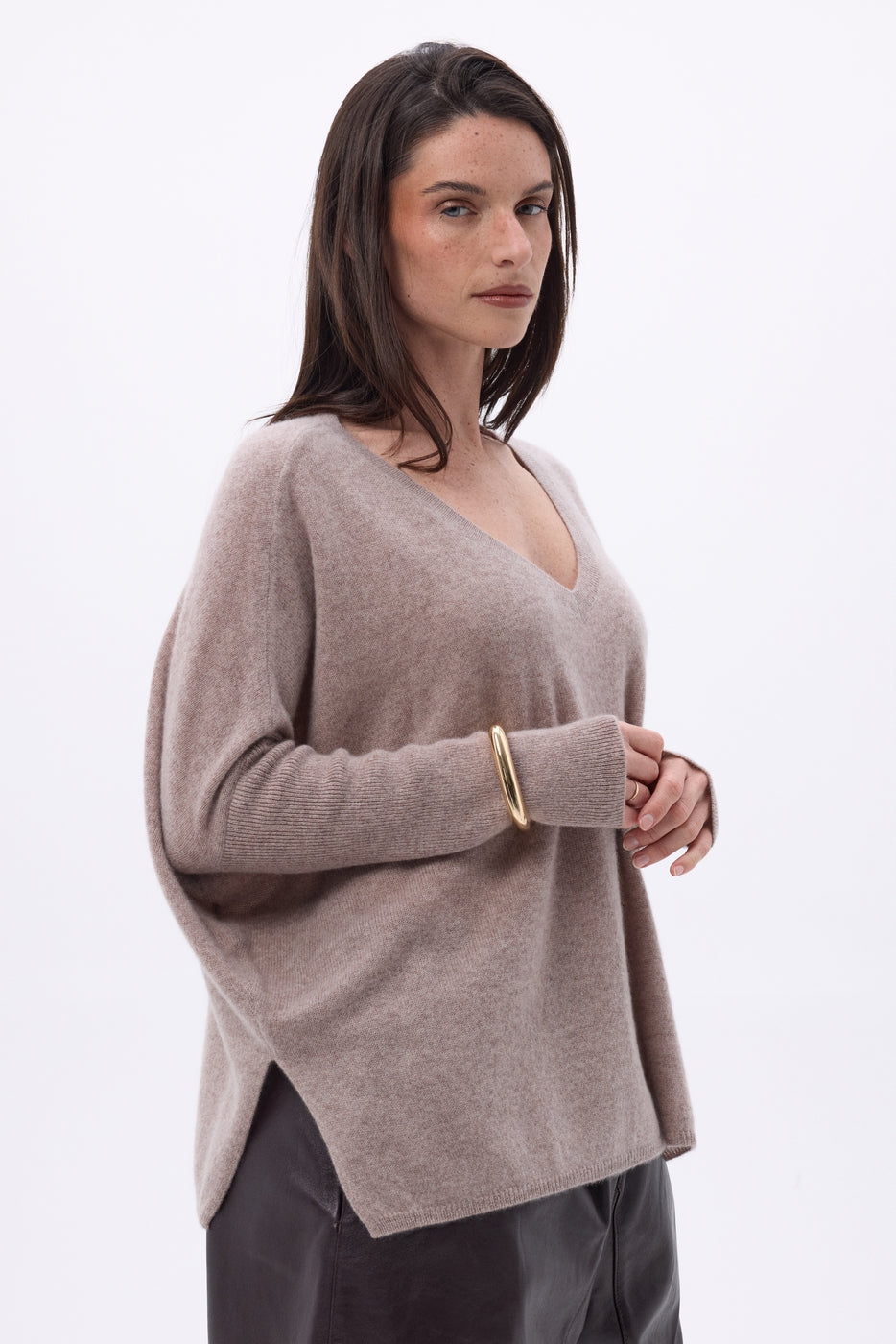 Jersey poncho de cuello en V Celeste - Avellana - Mujer